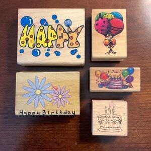 Wooden Block Rubber Stamp Lot Total of 5 - Birthday Theme